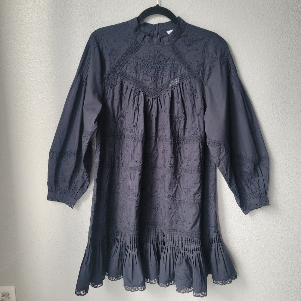 Unsubscribed 3008 Victorian Embroidered Boho Mini Dress Size Medium In Black NWT